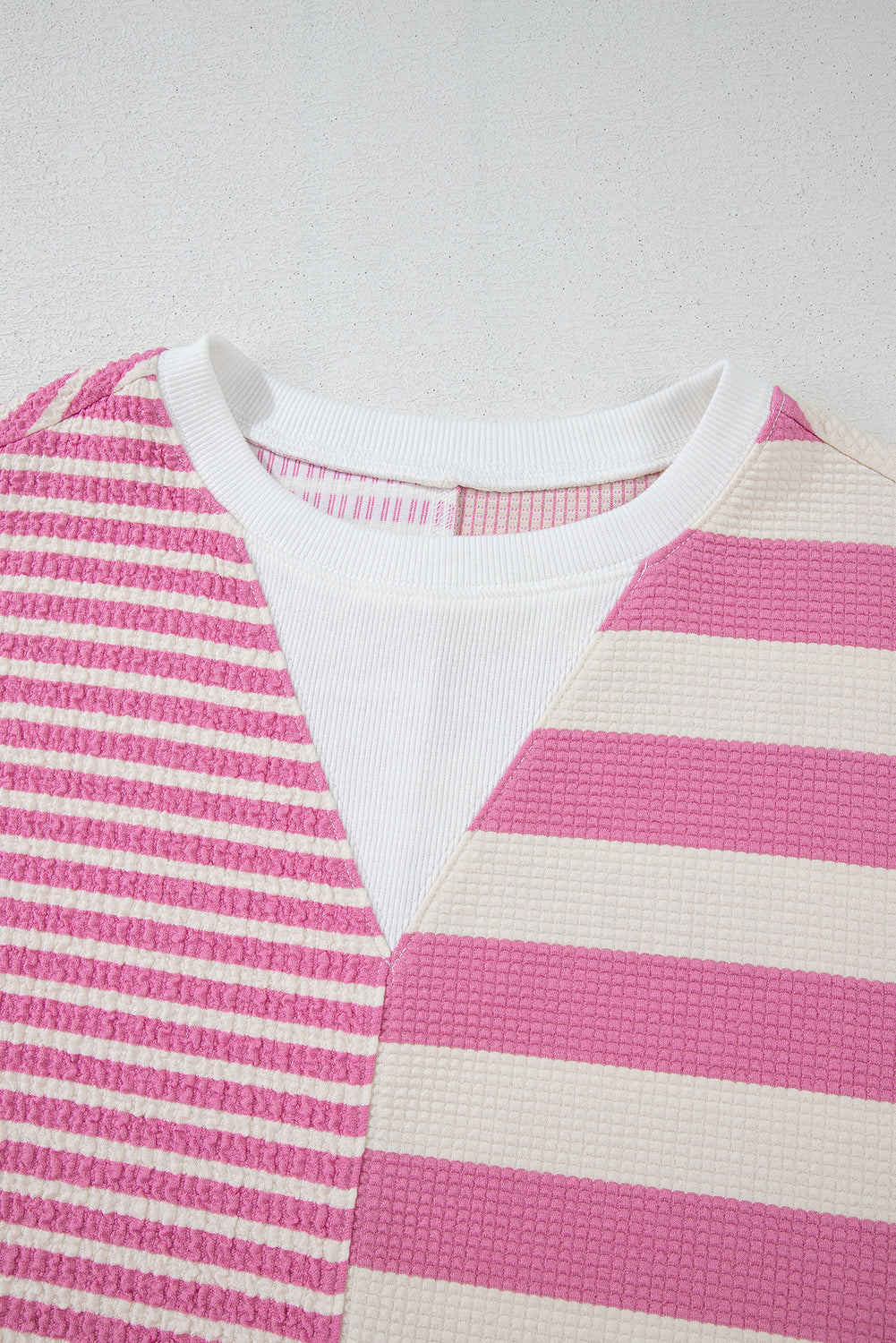 Pink Stripe Patchwork Textured Short Sleeve High Low Loose Top eAura