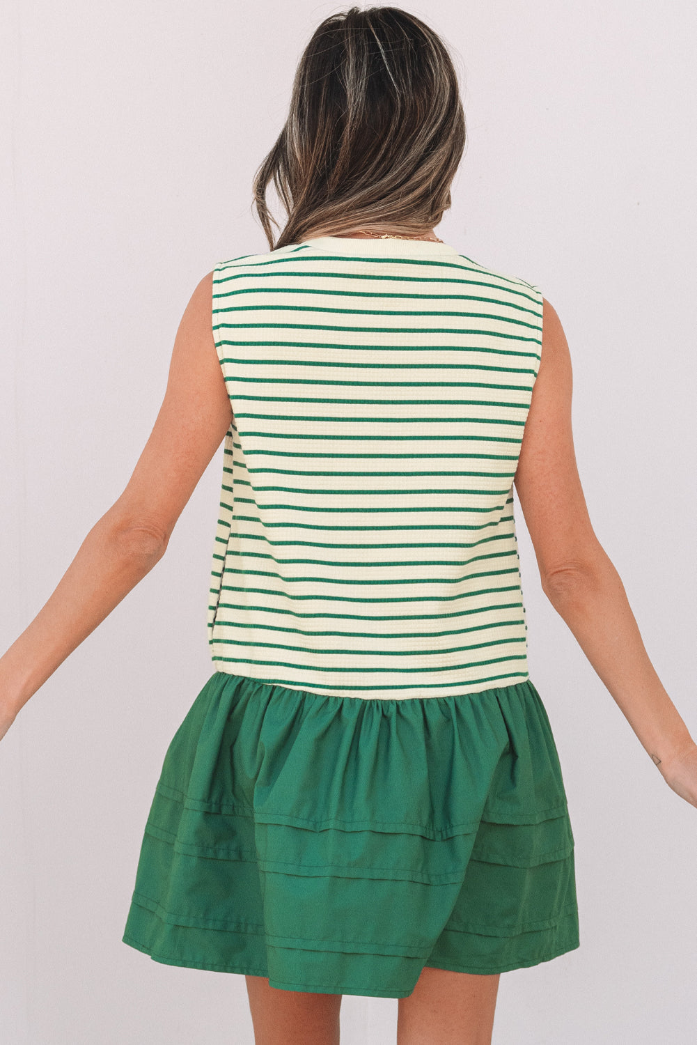 Green Stripe Woven Ruffled Sleeveless Mini Dress eAura