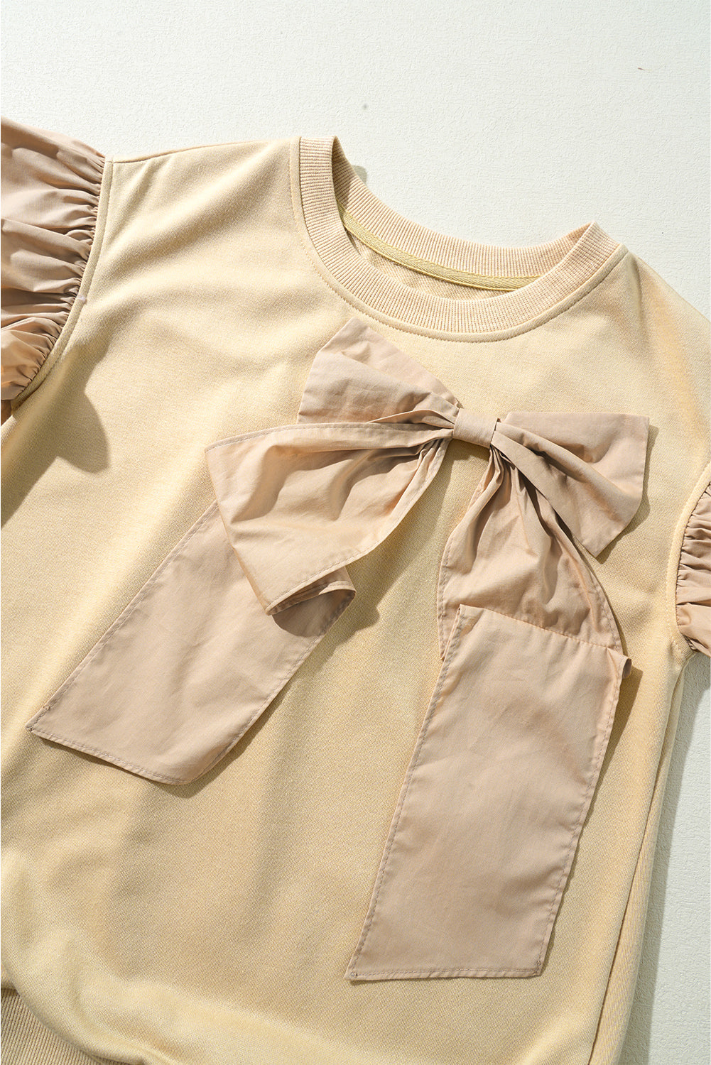 Parchment Two Tones Ribbon Bow Ruffle Sleeve Top eAura