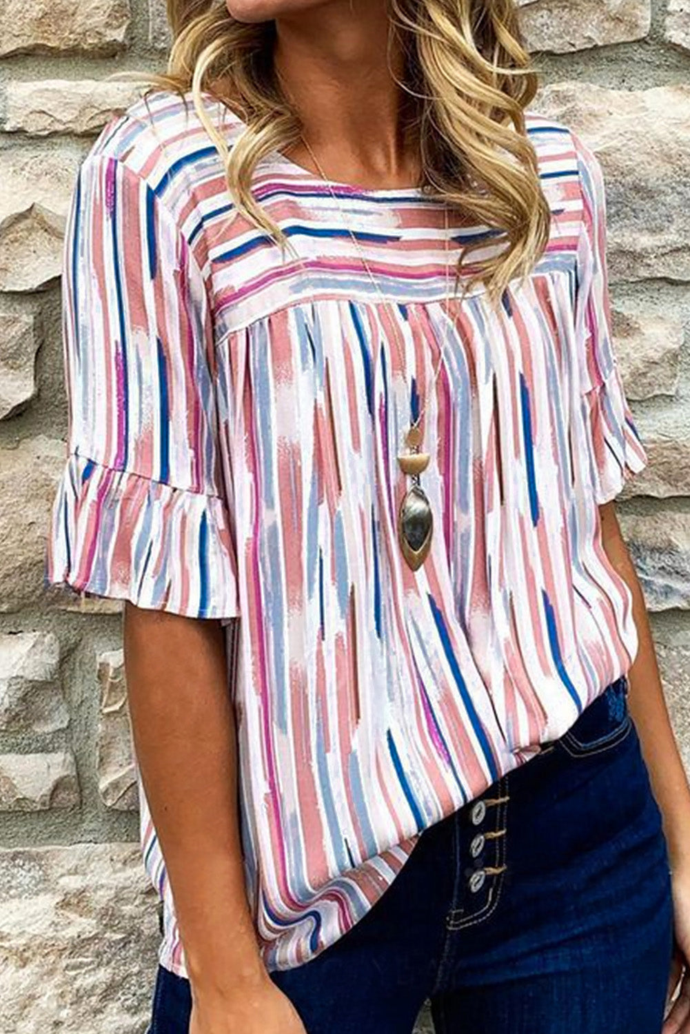White MultiColour Striped Splash Half Sleeve Blouse eAura