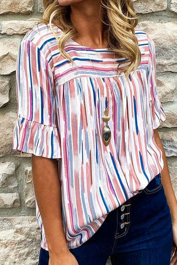 White MultiColour Striped Splash Half Sleeve Blouse eAura