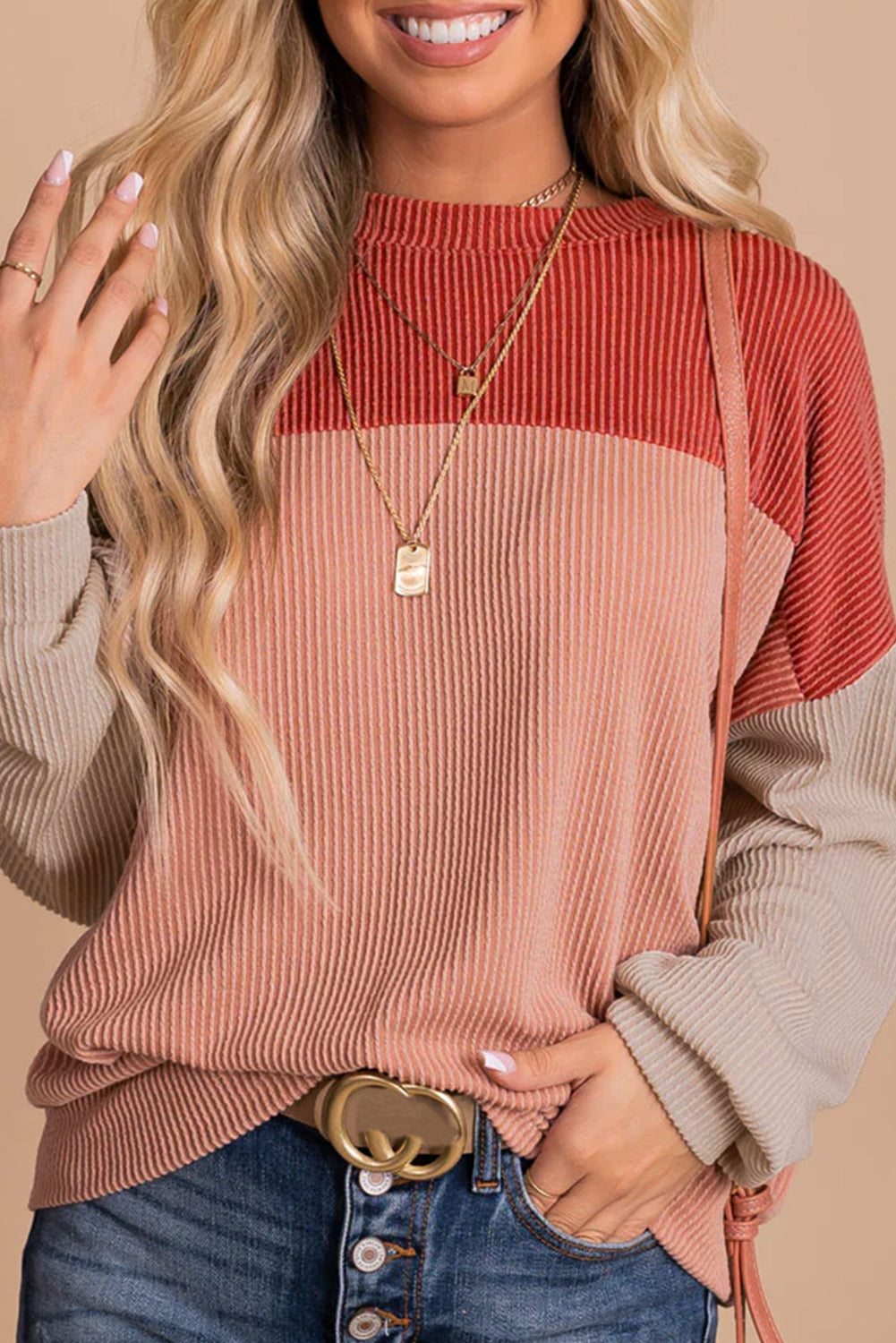 Pink Colour Block Long Sleeve Ribbed Loose Top eAura