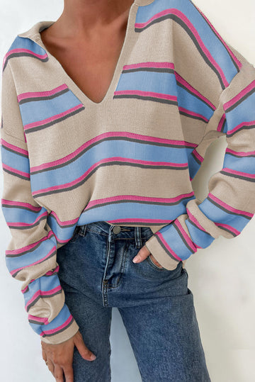 Apricot Stripe Collared V Neck Drop Shoulder Loose Sweater eAura