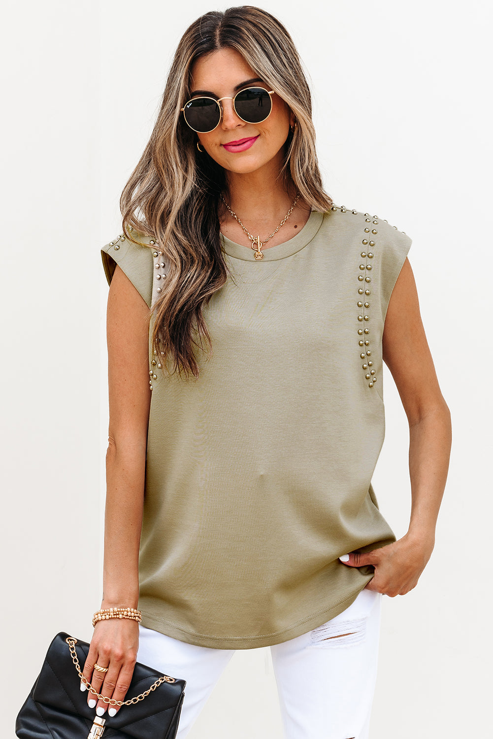 Studded Cap Sleeve Round Neck T Shirt eAura