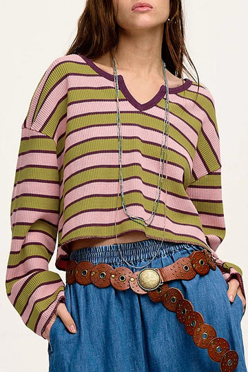 Spinach Green Clashing Stripes Waffle Texture Notched Neck Long Sleeve Top eAura