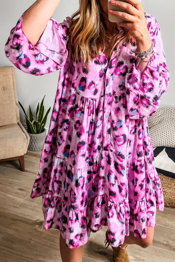 Rose Leopard Print Buttoned Front 3/4 Sleeve Tiered Ruffled Hem Dress Beagle Boutique Fashion Outlet