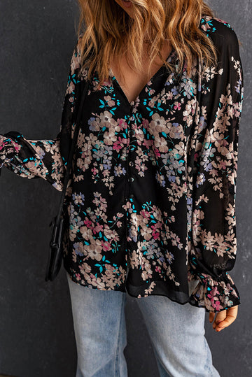 Black Wildflower Print Chiffon Blouse eAura