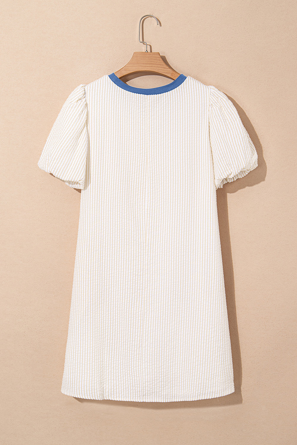 Beige Stripe Seersucker Contrast Round Neck Puff Sleeve T-Shirt Dress eAura