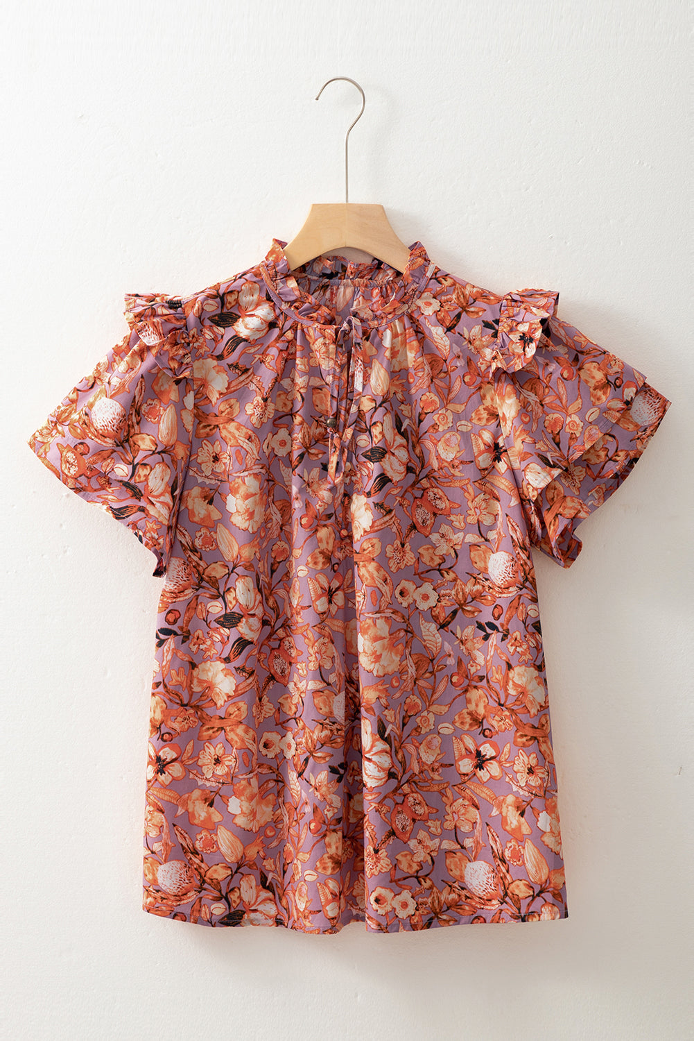 Orange Floral Print Ruffled Flutter Sleeve Frilled V Neck Blouse eAura