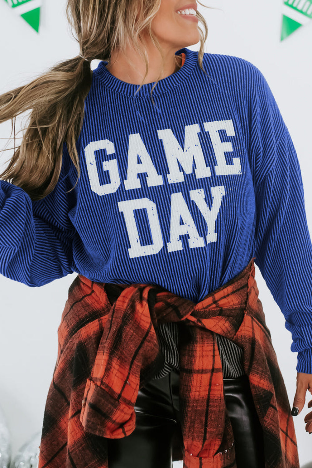 Bluing Ribbed GAME DAY Graphic Long Sleeve Crewneck Top eAura