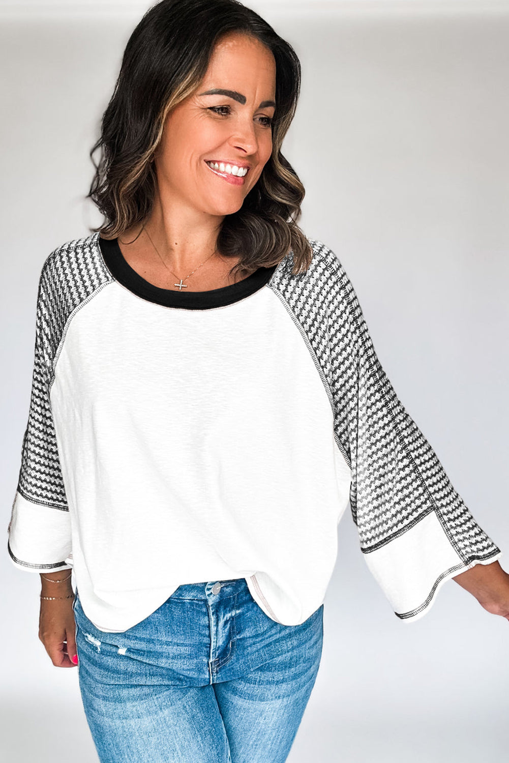Black Striped Bracelet Sleeve Raglan Patchwork Top eAura