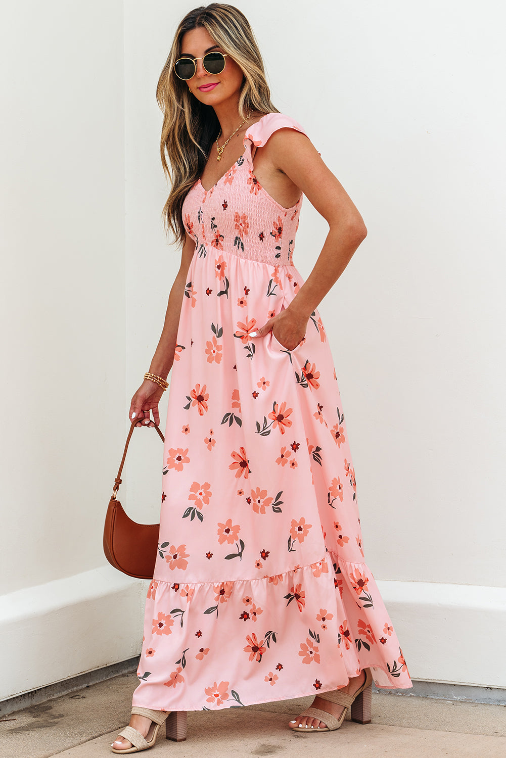 Pink Floral V Neck Smocked Ruffle Hem Maxi Dress eAura