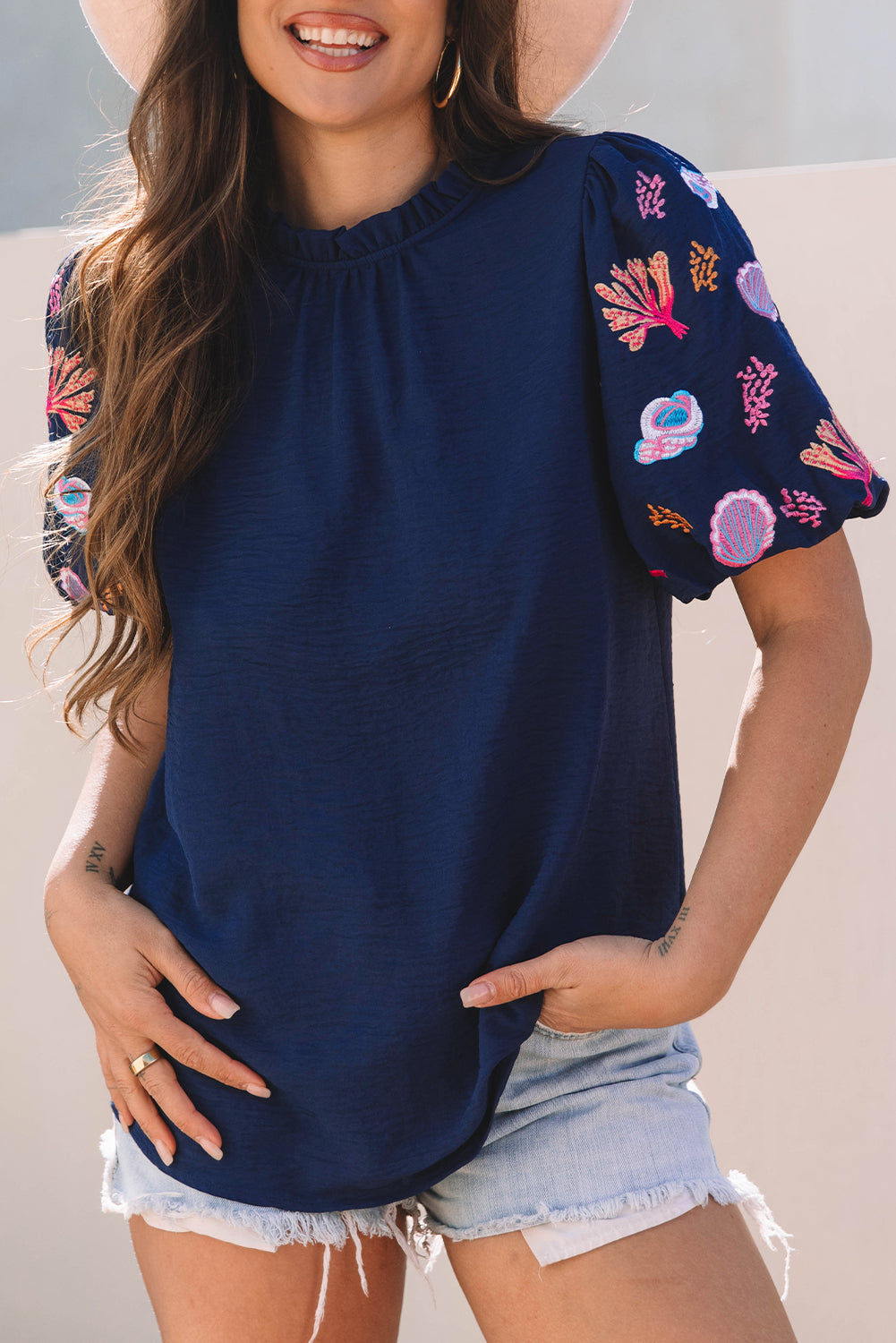 Sail Blue Shellfish Coral Embroidery Puff Sleeve Frilled Neck Blouse eAura