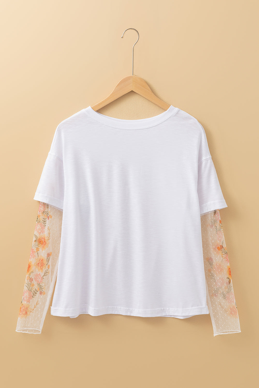 White Faux Two Piece Floral Long Sleeve Patchwork Tee eAura