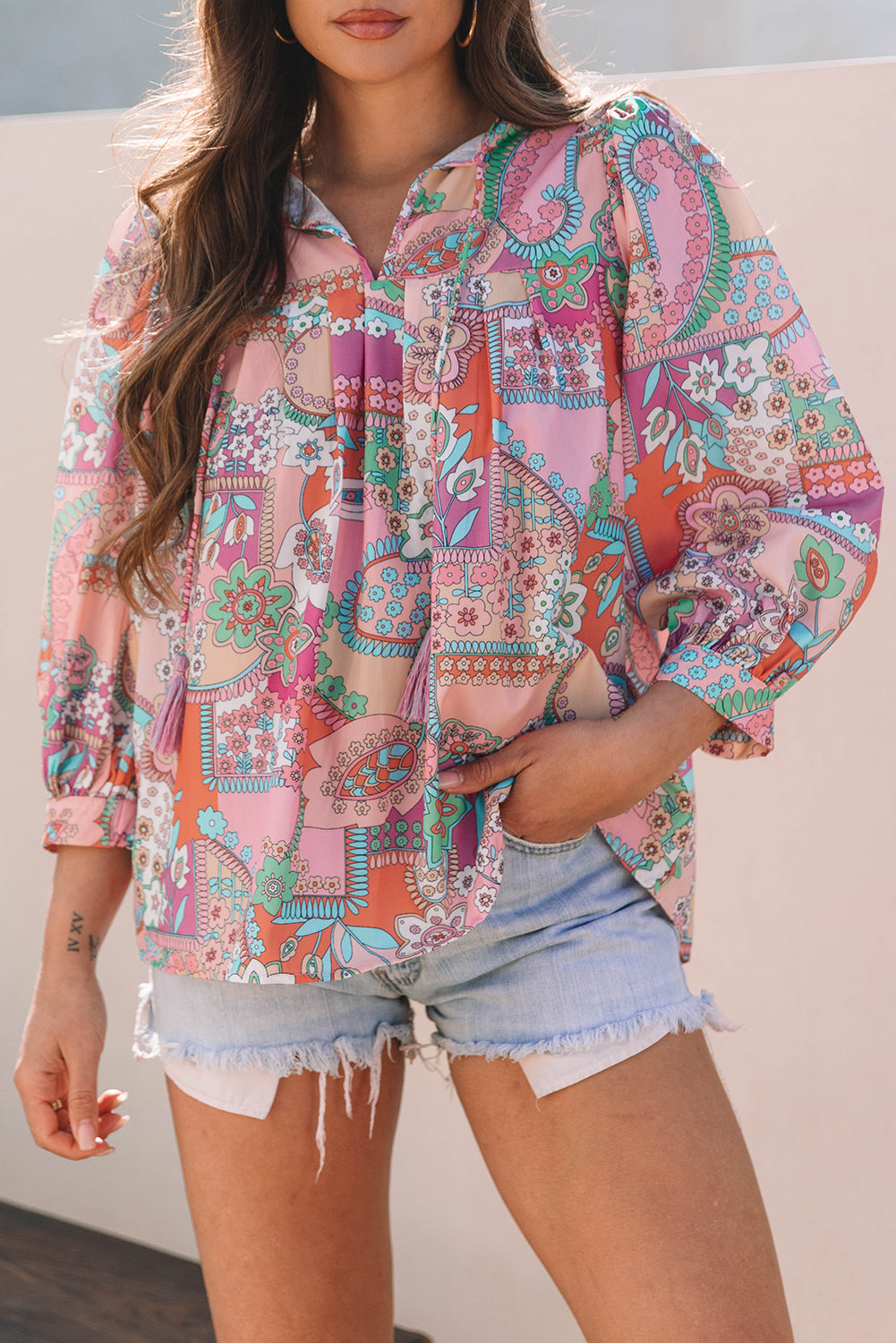 Multicolour Boho Floral Bubble Sleeve Tassel Tied Neck Pleated Blouse eAura