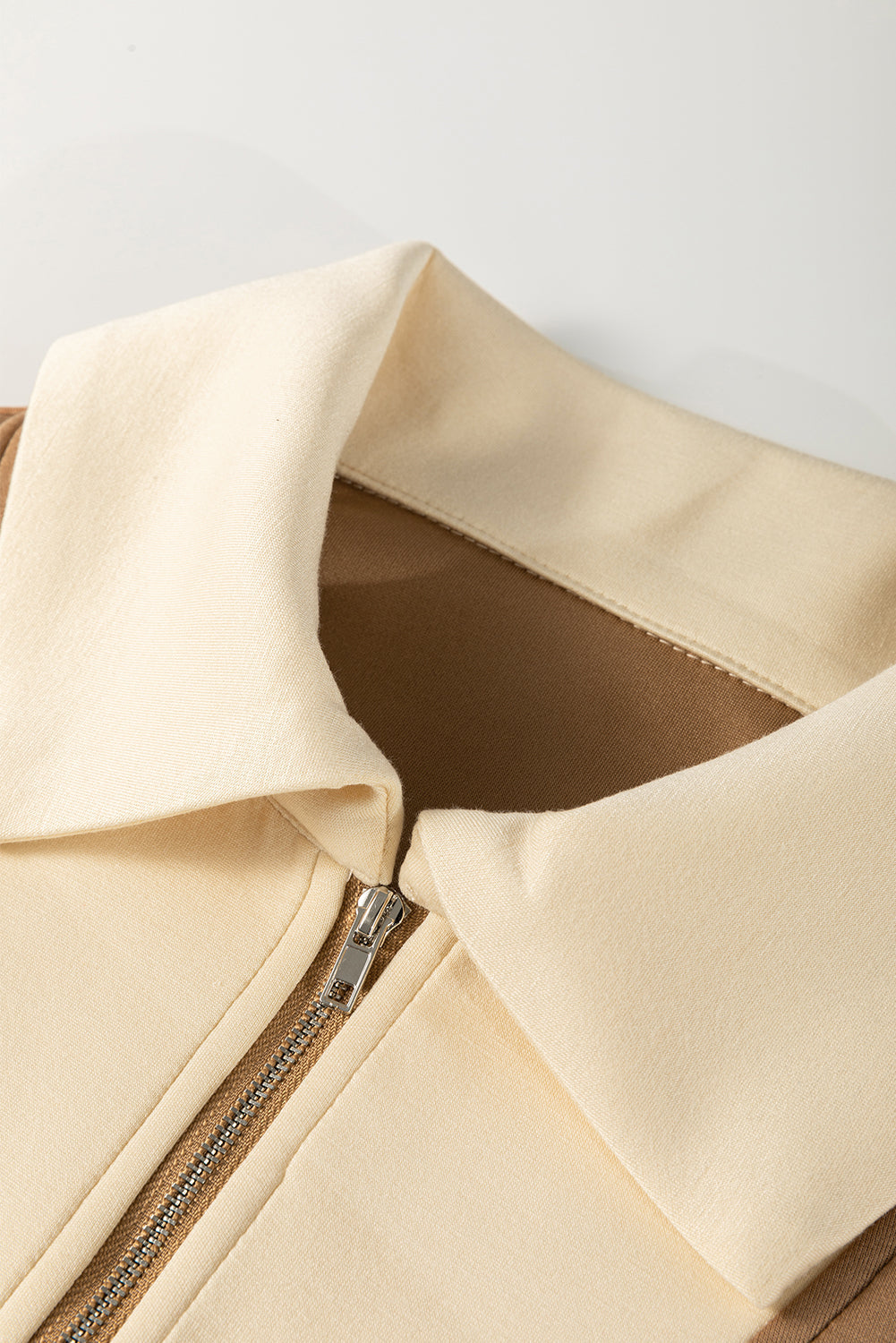 Simply Taupe Half Zipper Collared Colourblock Short Sleeve Top eAura