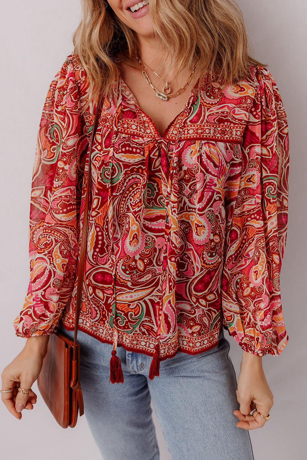 Multicolour Ethnic Paisley Print Tassel Tie Puff Sleeve Boho Blouse eAura