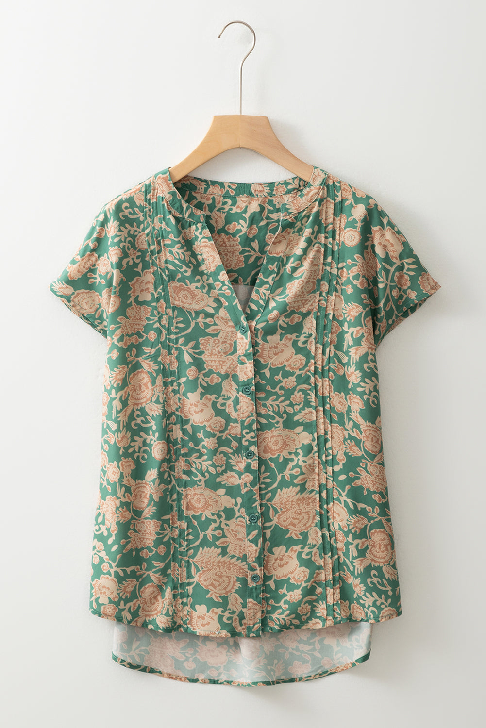 Green Floral Print Pleated Buttoned V Neck Short Sleeve Blouse eAura