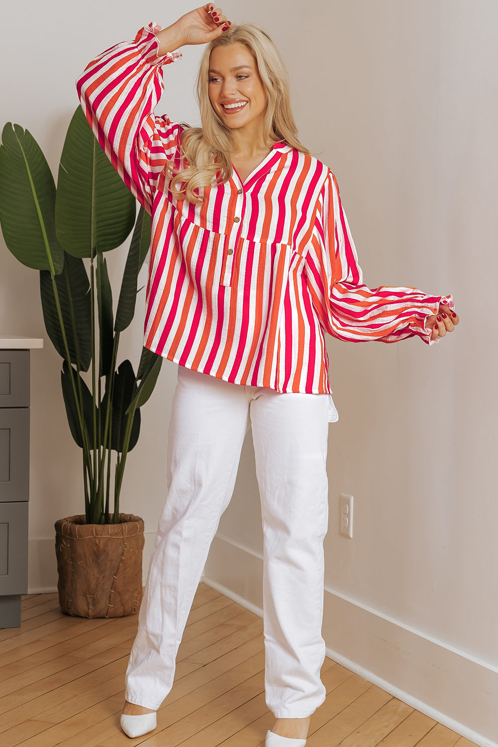 Orange Stripe Balloon Sleeve Notched V Neck Buttoned Front Blouse eAura