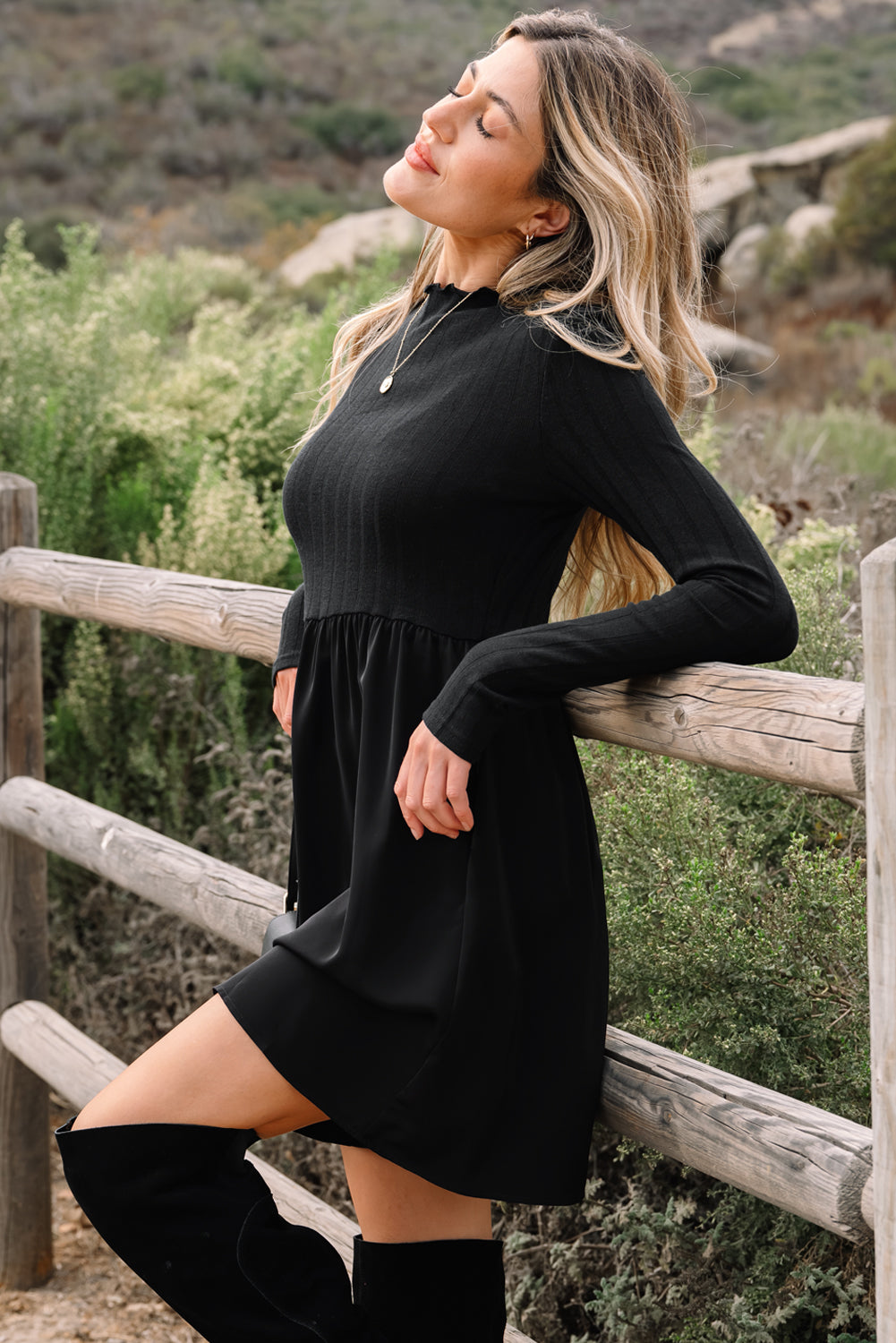 Frilled Neck Ribbed Knit Patchwork Long Sleeve Mini Dress - eAura