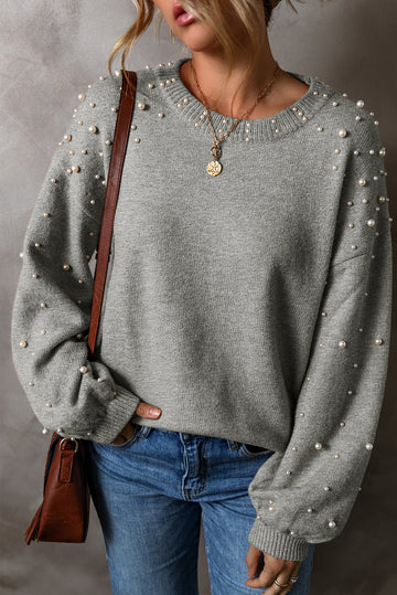 Light Grey Pearled Drop Shoulder Round Neck Sweater eAura