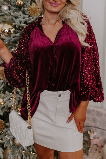Red Dahlia Sequin Patchwork Sleeve Button Up Velvet Top eAura