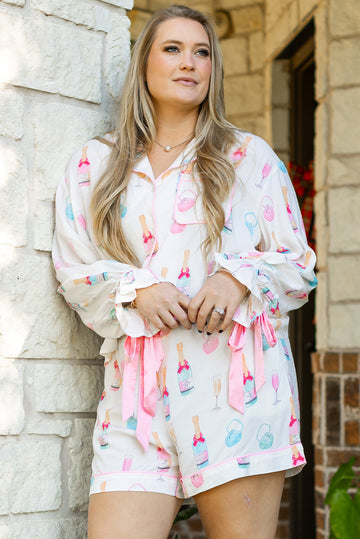 White Plus Size Wine Glass Print Bow Knot Pyjama Set BB Fashion Outlet