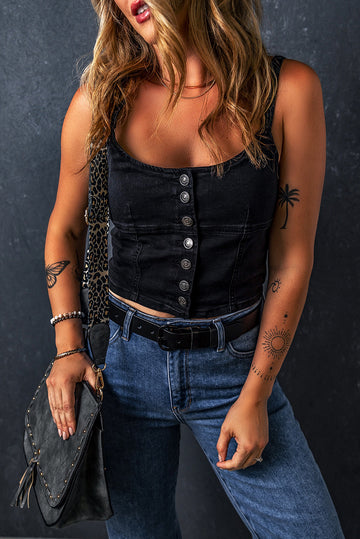Black Acid Wash Buttoned Cropped Slim Denim Tank Top eAura