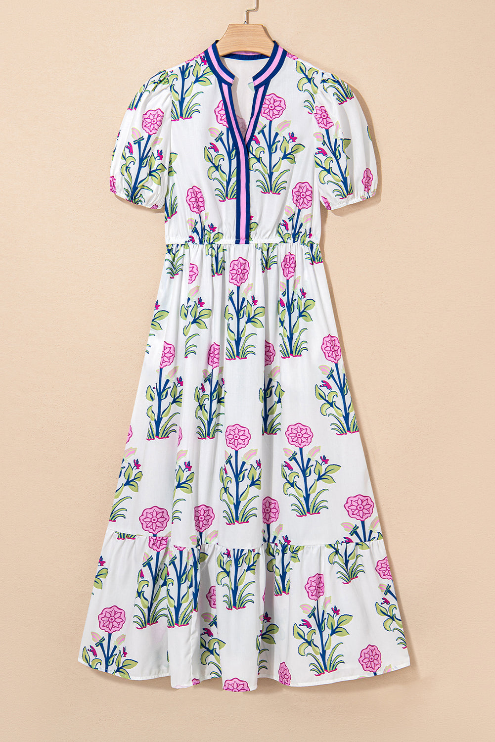 Floral Puff Short Sleeve V Neck High Waist Maxi Dress eAura