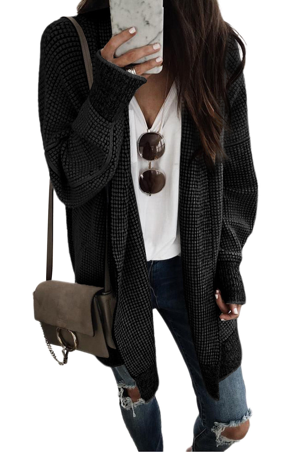 Apricot Plaid Knitted Long Open Front Cardigan eAura