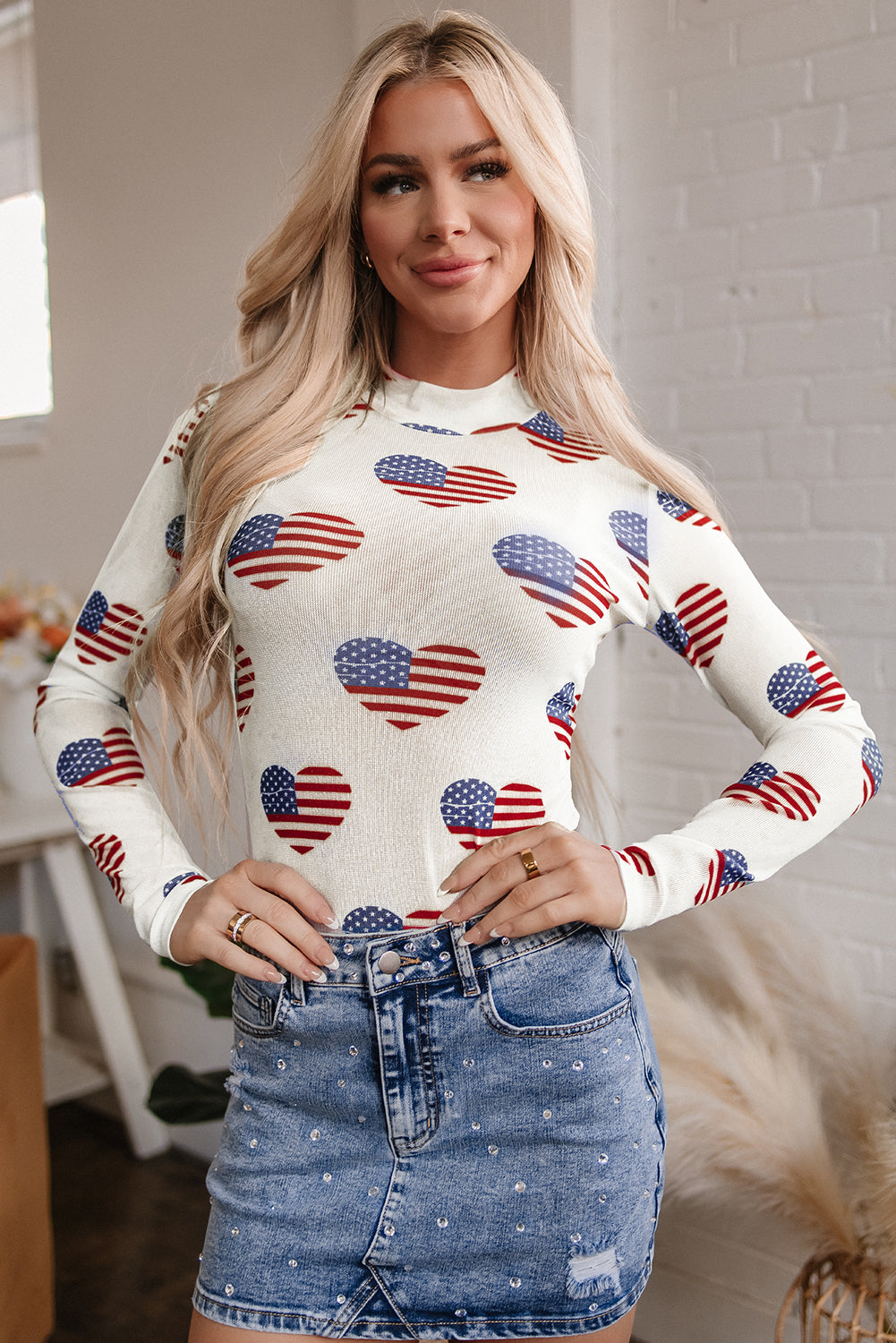 White Americana Glitter Mesh Long Sleeve Bodysuit eAura