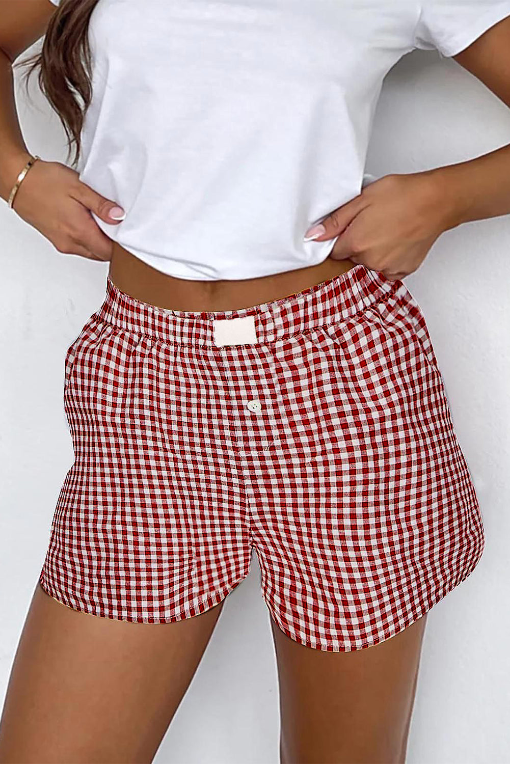 Red Plaid Gingham Printed High Waist Shorts eAura