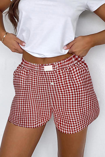 Red Plaid Gingham Printed High Waist Shorts eAura