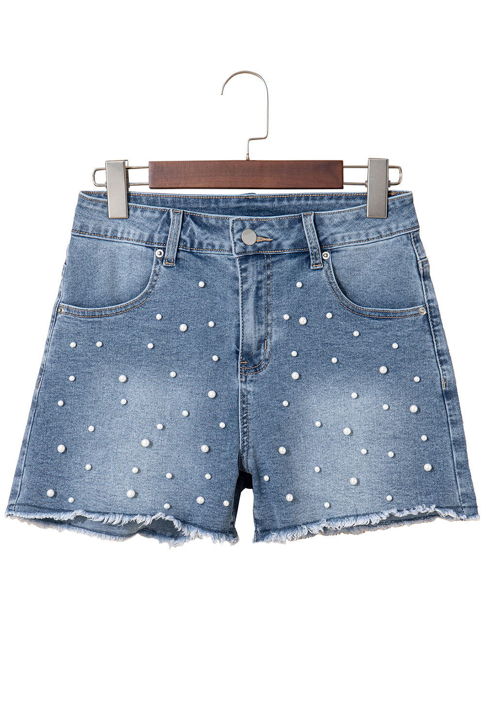 Dusk Blue Pearl Beaded Raw Hem Medium Wash Denim Shorts eAura