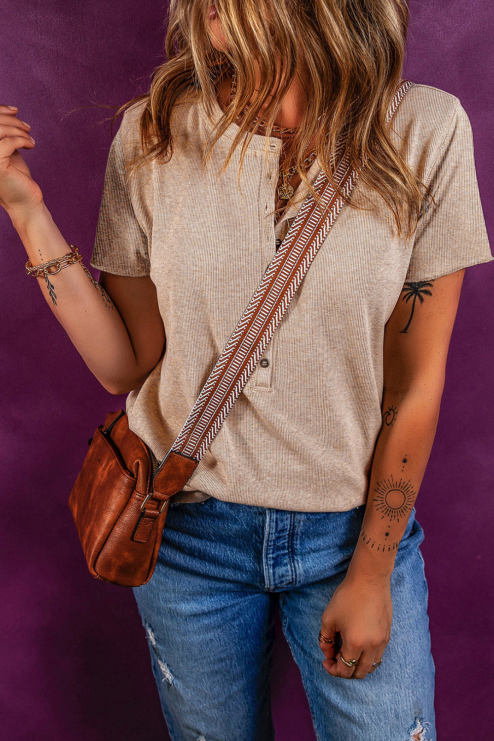 Oatmeal Short Sleeve Half Button Ribbed Knit Top eAura