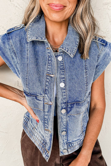 Ashleigh Blue Acid Wash Elastic Hem Button Up Denim Vest eAura