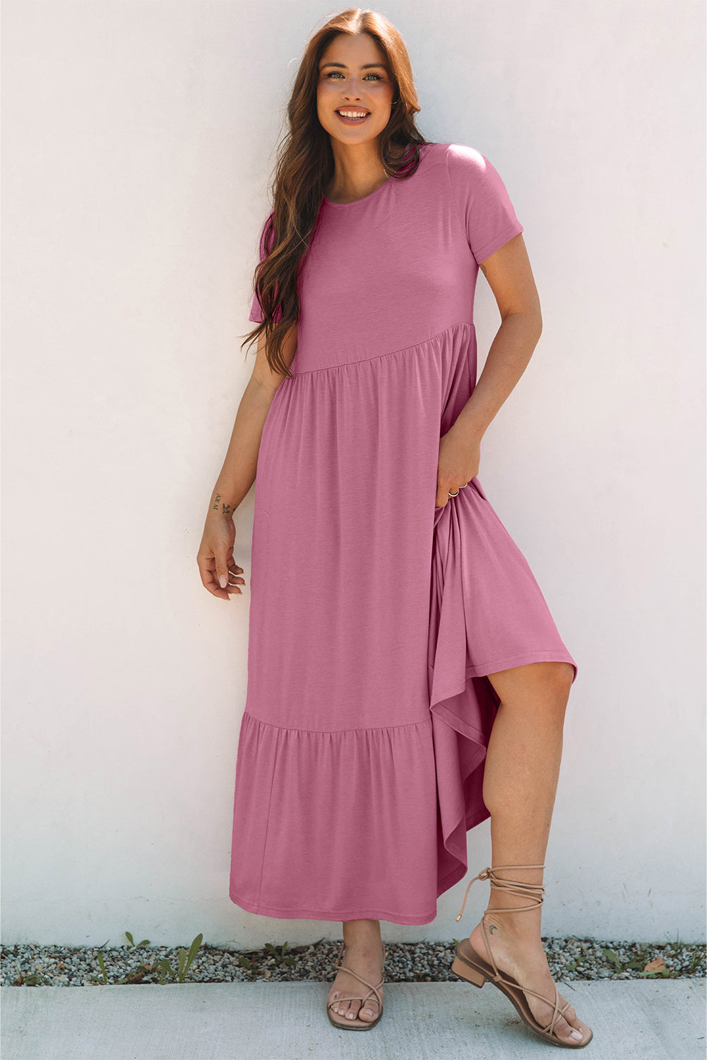 Pink Solid Colour T-shirt High Waist Pocketed Long Dress eAura