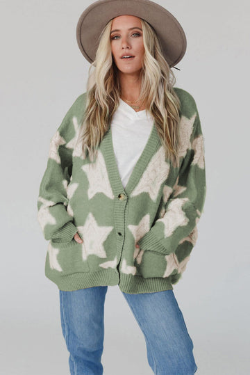 Green Sherpa Star Pattern Textured Sweater Cardigan with Pockets eAura