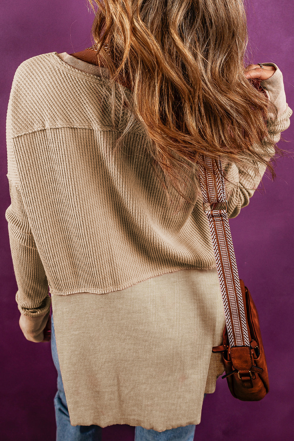 Light French Beige Exposed Seam Slit Neck Waffle Knit Patchwork Top eAura
