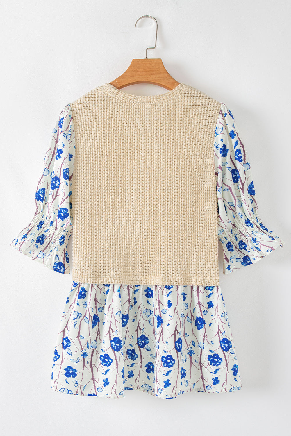 Beige Waffle Floral Patchwork Short Flounce Sleeve Peplum Blouse eAura