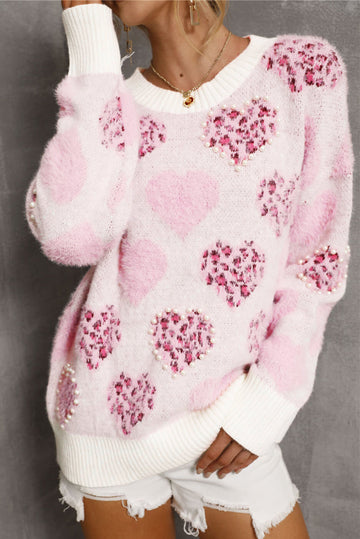 Pink Heart Leopard Print Pearled Ribbed Trim Fuzzy Sweater eAura