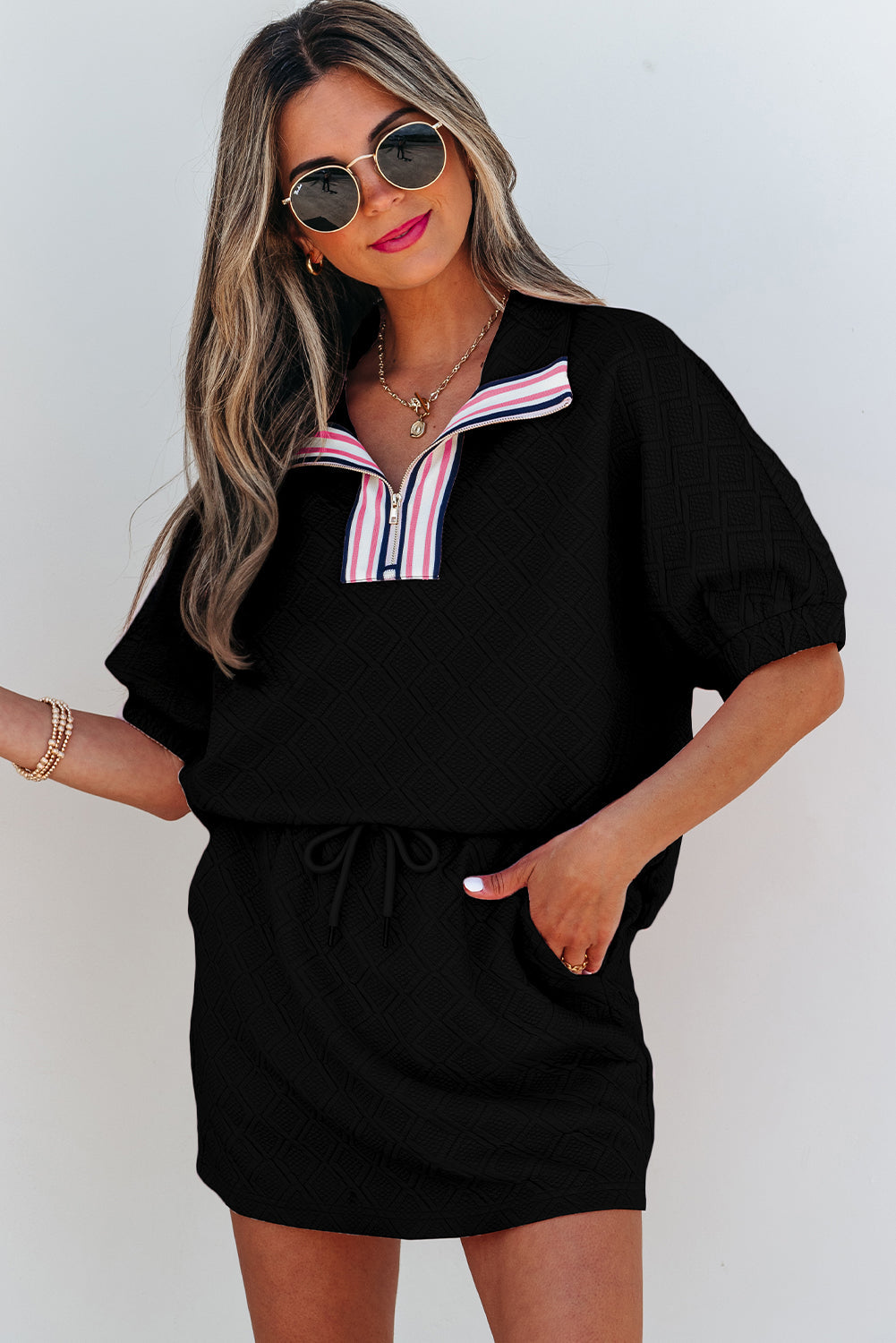 Black Striped Collared Zip up Textured Skirt Co-ord Set eAura