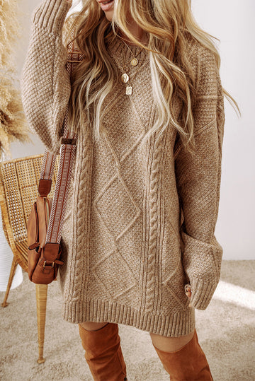 Parchment Cable Knit Drop Shoulder Loose Fit Sweater Dress eAura