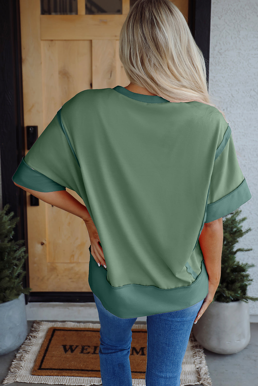 Green Half Sleeve Raw Seam High Low Side Split Top eAura