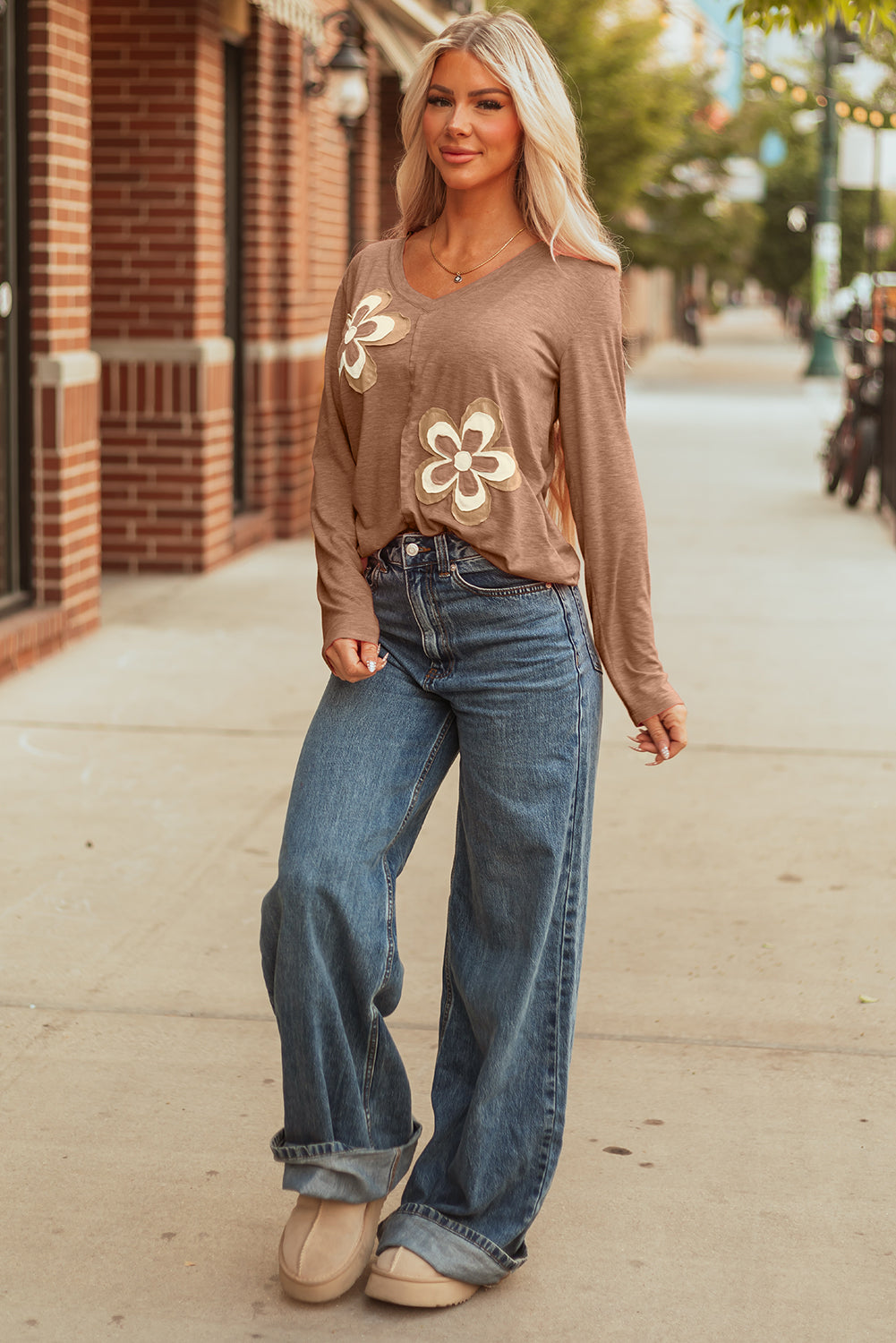 Floral Patchwork V-Neck Long Sleeve T-Shirt - eAura