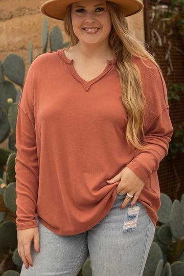 Gold Flame Plus Size Exposed Seam V Neck Long Sleeve Top BB Fashion Outlet