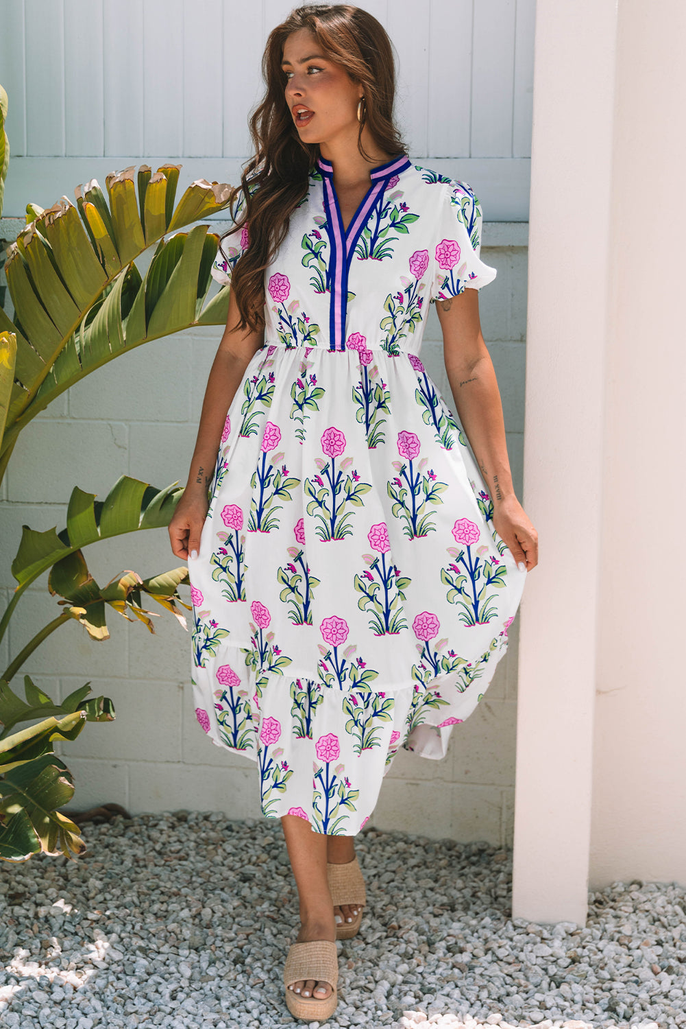 Floral Puff Short Sleeve V Neck High Waist Maxi Dress eAura