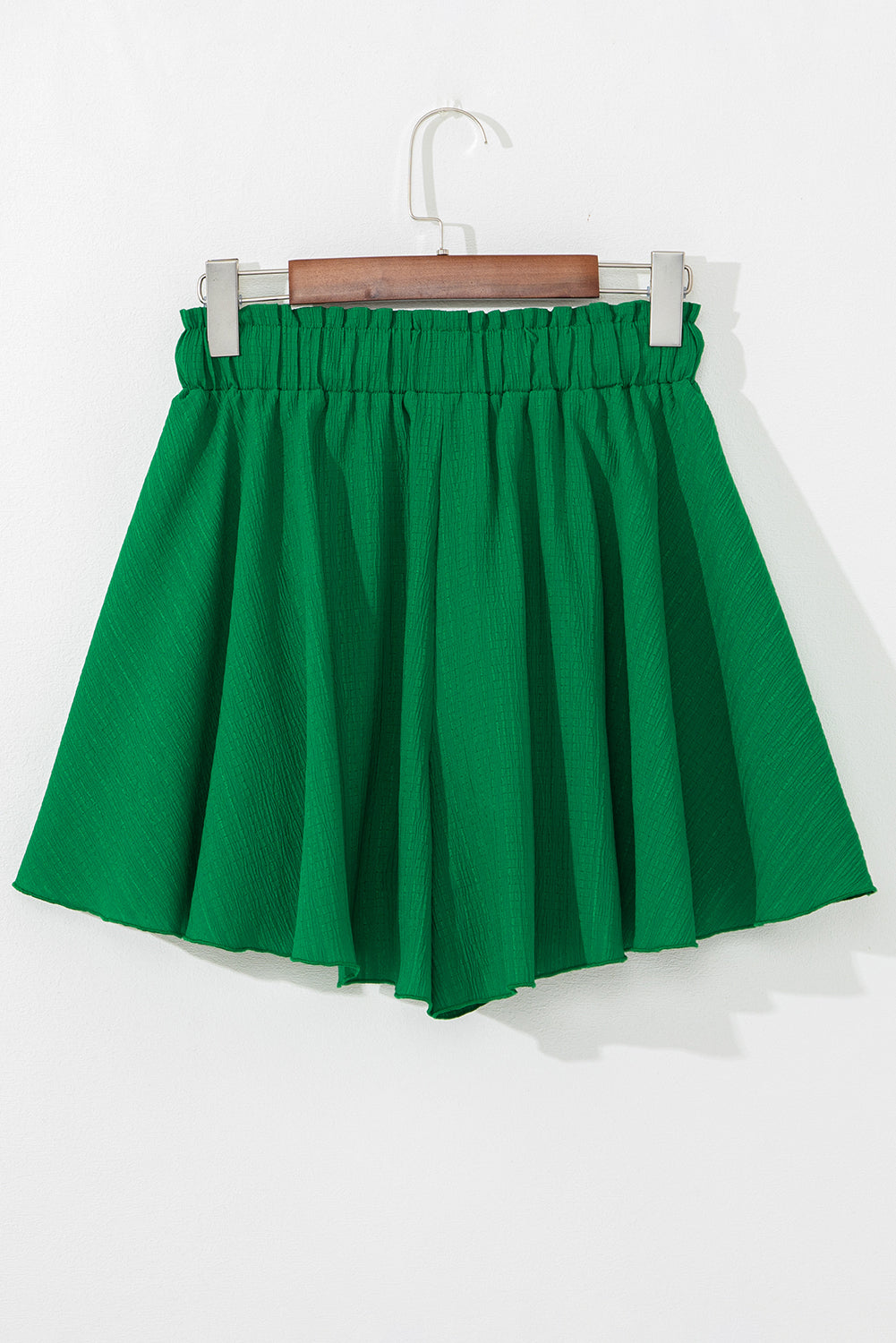 Dark Green Textured Frilled Lace-up High Waist Ruffle Wide Leg Shorts eAura