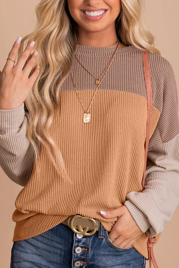 Khaki Colour Block Long Sleeve Ribbed Loose Top eAura