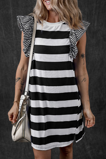 Black Stripe Contrast Ruffled Sleeve T-shirt Dress BB Fashion Outlet